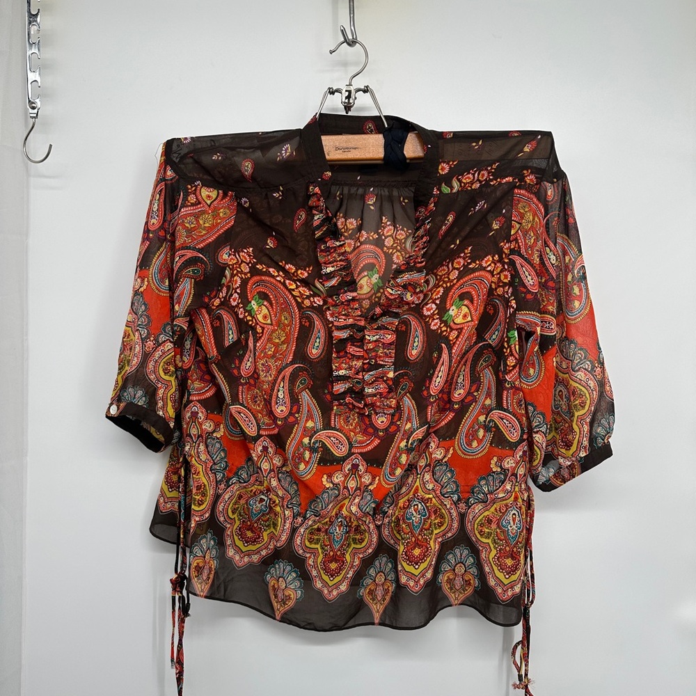 Vtg Carole Little Top Womens Petite 1X Orange Paisley Embellished Blouse‎